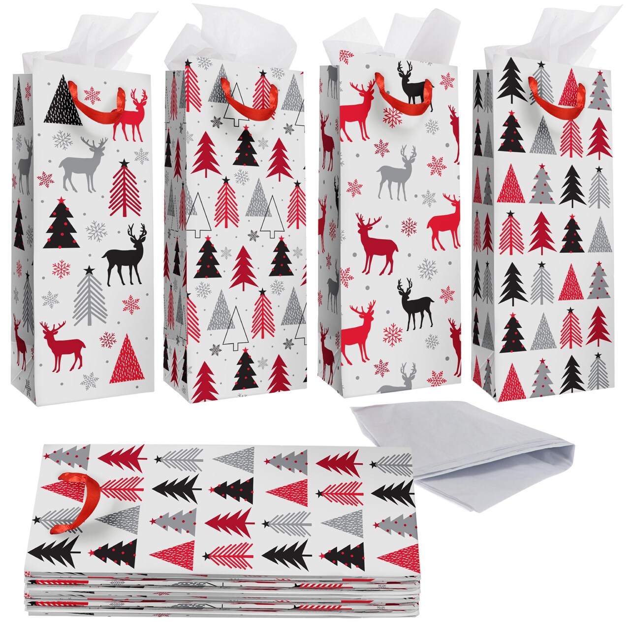 Bright Creations 12 Pack Christmas Wine Gift Bags with Tissue Paper Wrapping, 4 Reindeer Xmas Tree Designs for Home Party Holiday Supplies, Fun and Festive Christmas Packaging (5 x 13.6 x 4 in)
